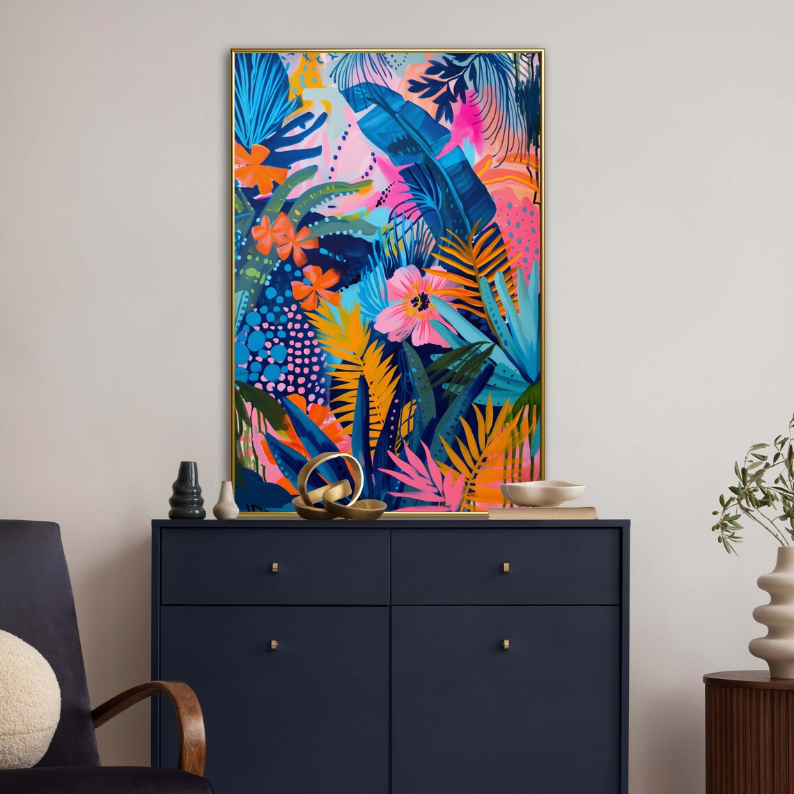 Vivid Tropical Garden Neon Palm Leaves Flowers Colorful Art Print - Image 2