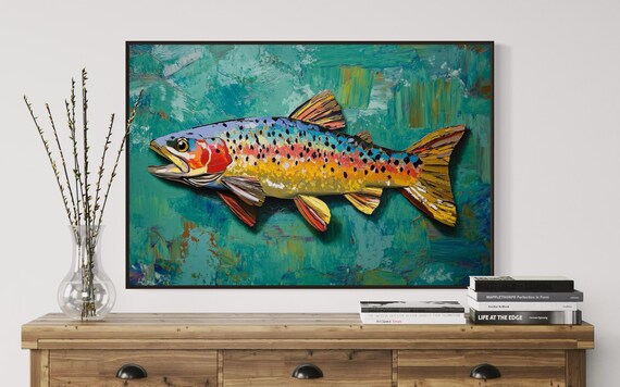 Rainbow Trout Vivid Teal Background Colorful Fishing Wildlife Art Poster