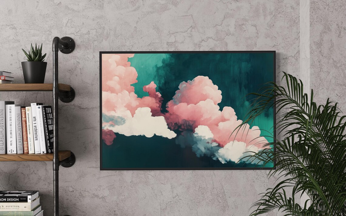Pink White Clouds Teal Sky Dreamy Abstract Cloud Painting Wall Poster - Image 5
