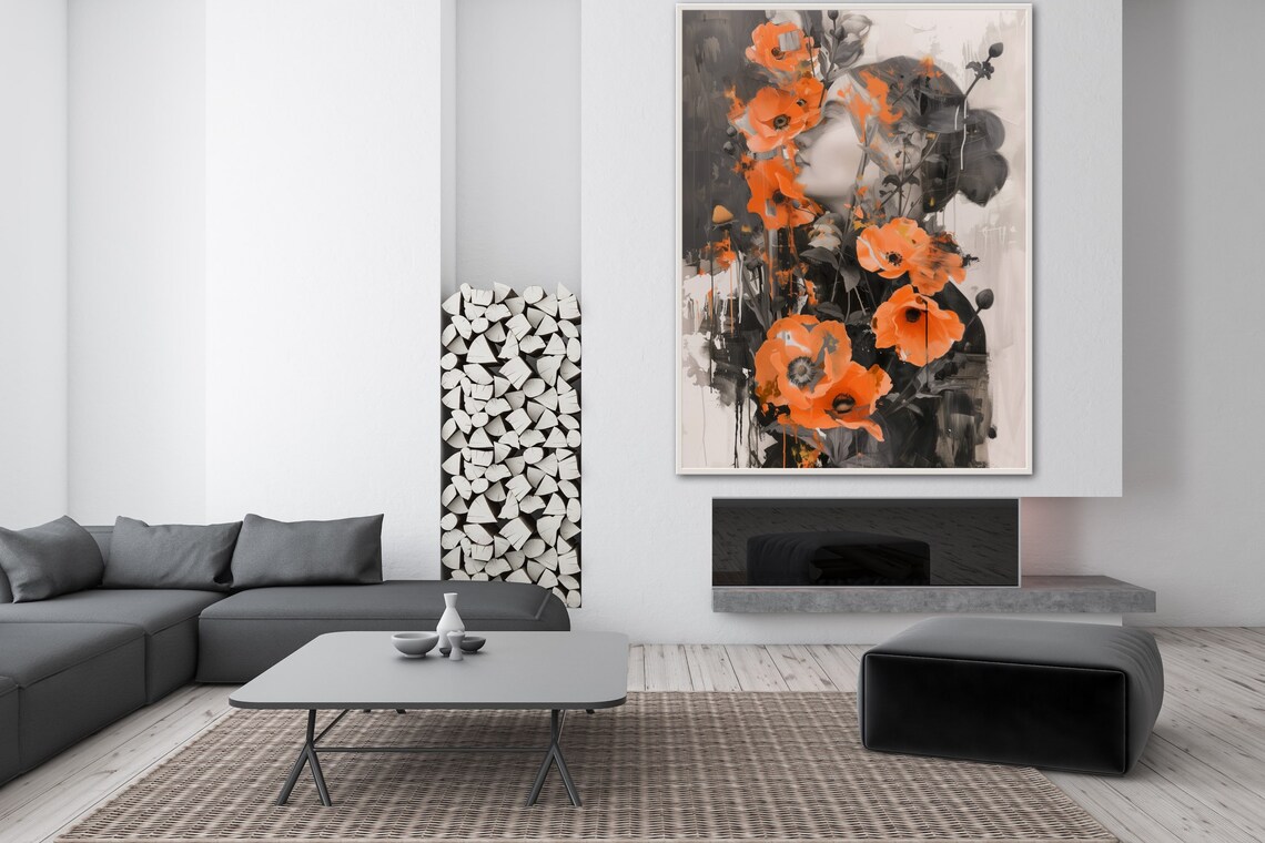 Sensual Woman Portrait With Vivid Orange Poppies Floral Art Poster - Image 4
