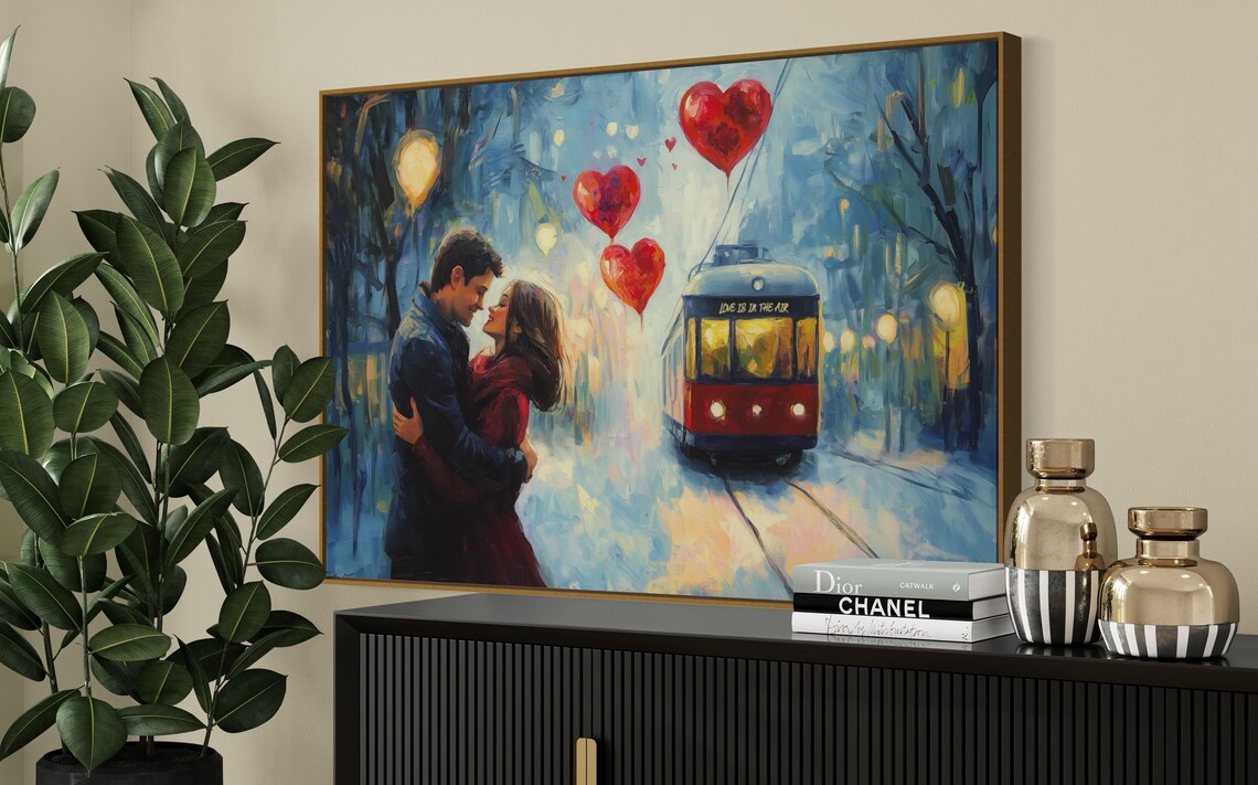 Romantic Couple Heart Balloons Snowy City Tram Night Love Art Poster - Image 5