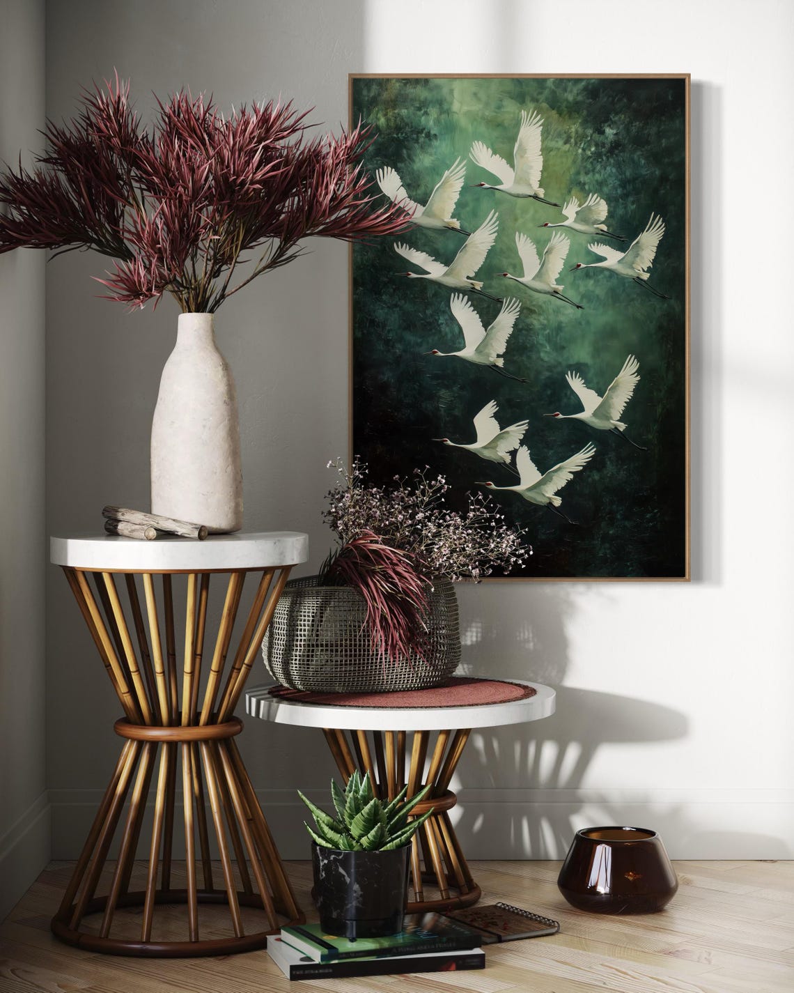 White Cranes Soaring Dark Emerald Sky Elegant Bird Wildlife Art Poster - Image 3