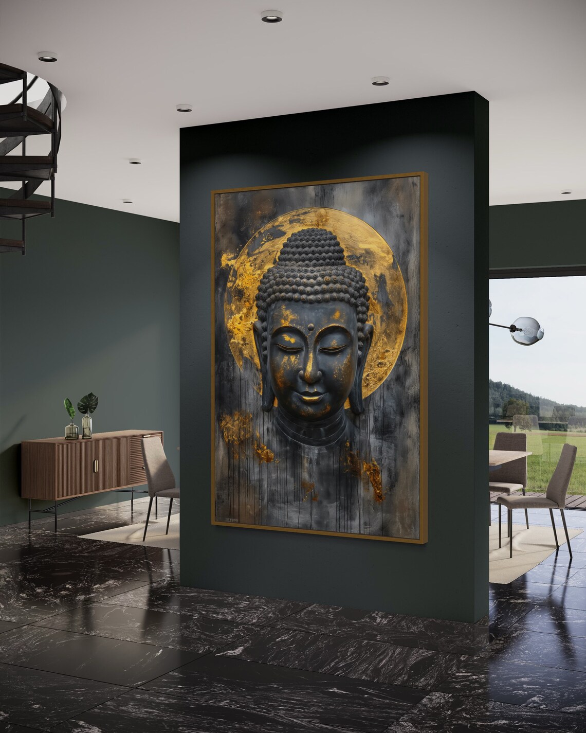 Black Gold Buddha Face Golden Halo Serene Zen Meditation Art Poster - Image 2
