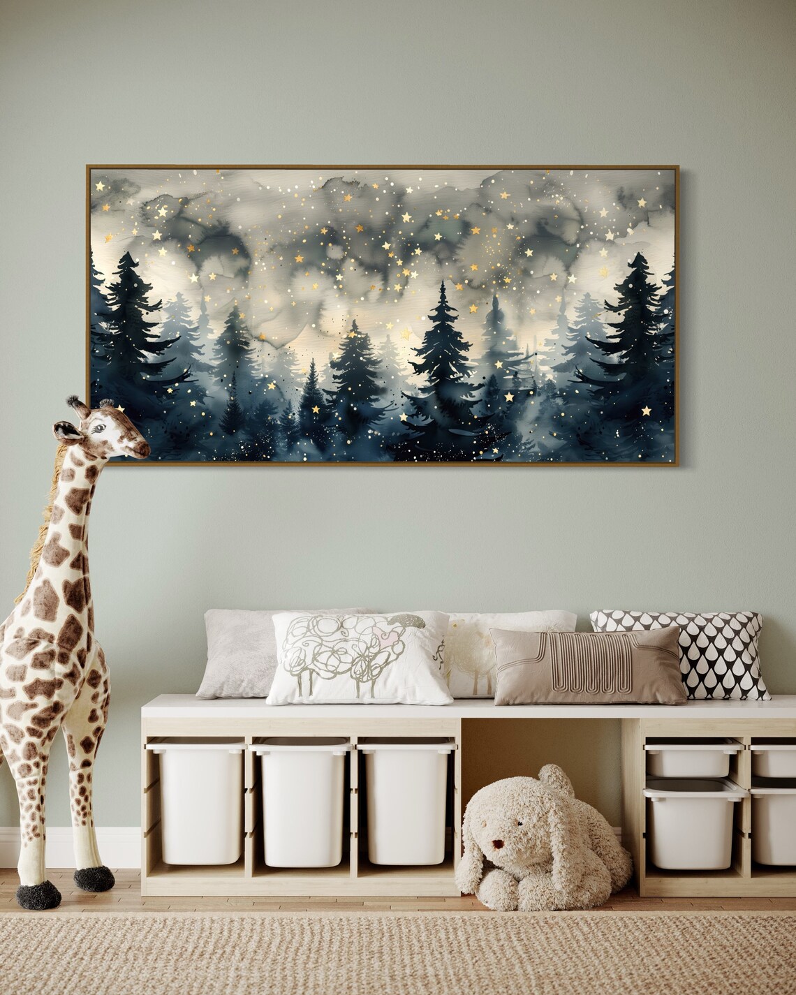 Starry Night In The Foggy Forest Panoramic Pine Tree Art Print Moody Greenery Wall Decor For Above Bed - Image 2
