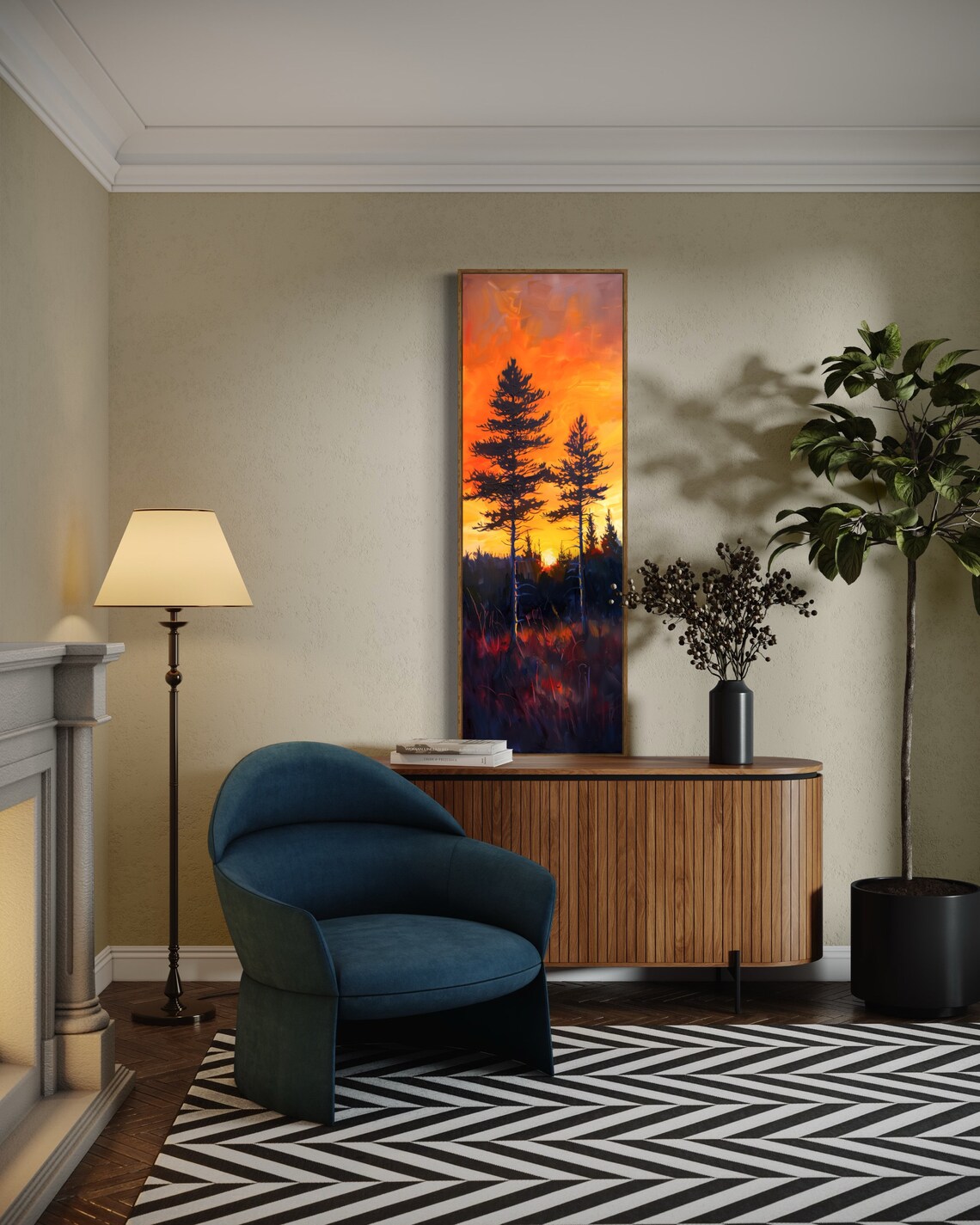Moody Sunset In Pine Tree Forest Long Narrow Wall Art Calming And Dramatic Wilderness Print For Atmospheric Home Decore - Image 3