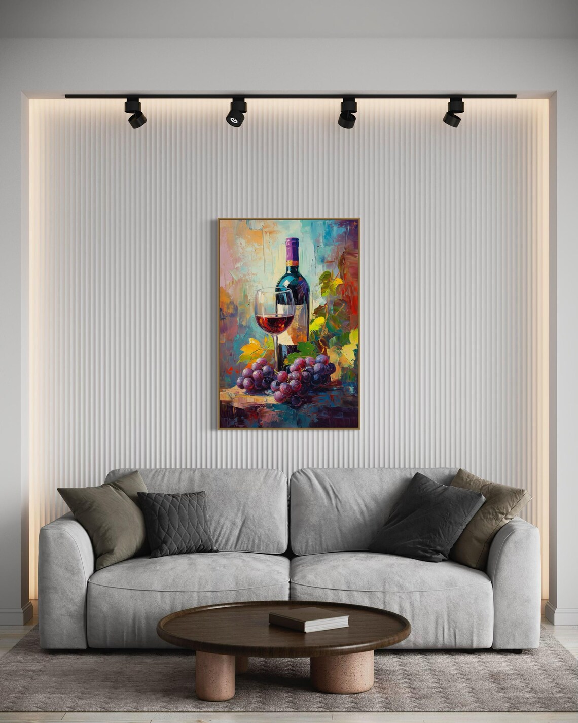 Rustic Wine Bottle Red Wine Glass Purple Grapes Still Life Vibrant Wall Poster - Image 4
