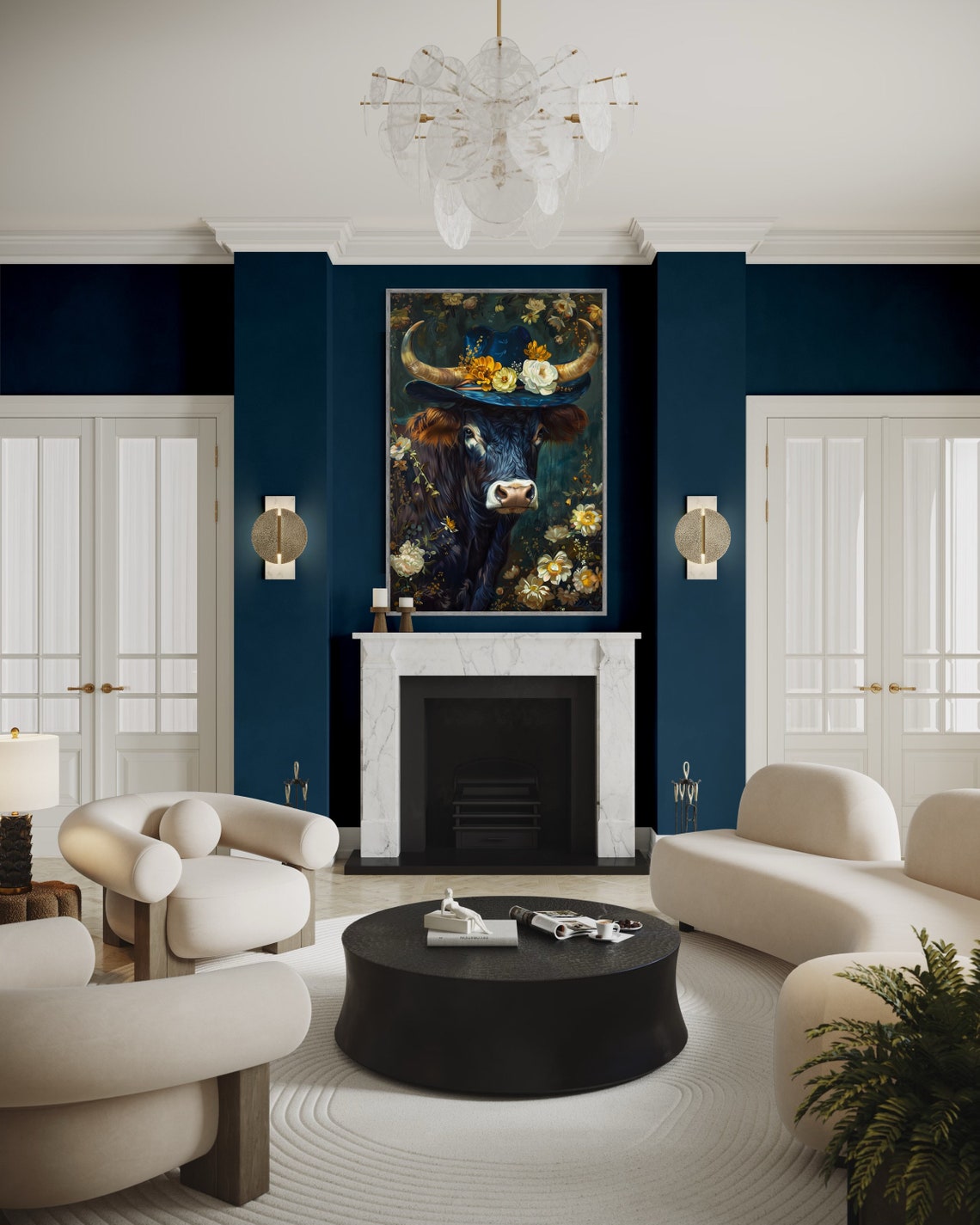 Victorian Longhorn Bull Blue Hat Dark Floral Animal Art Poster - Image 4