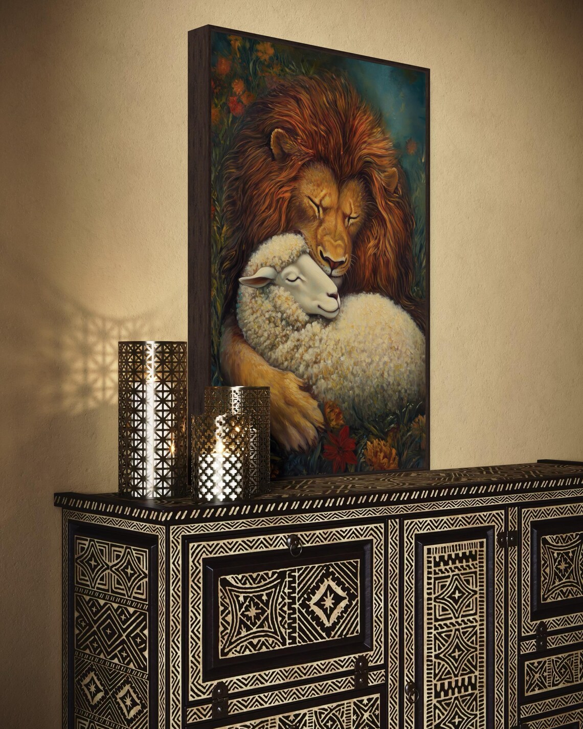 Lion And Lamb Embrace Symbolic Harmony Warm Floral Spiritual Wall Poster - Image 4