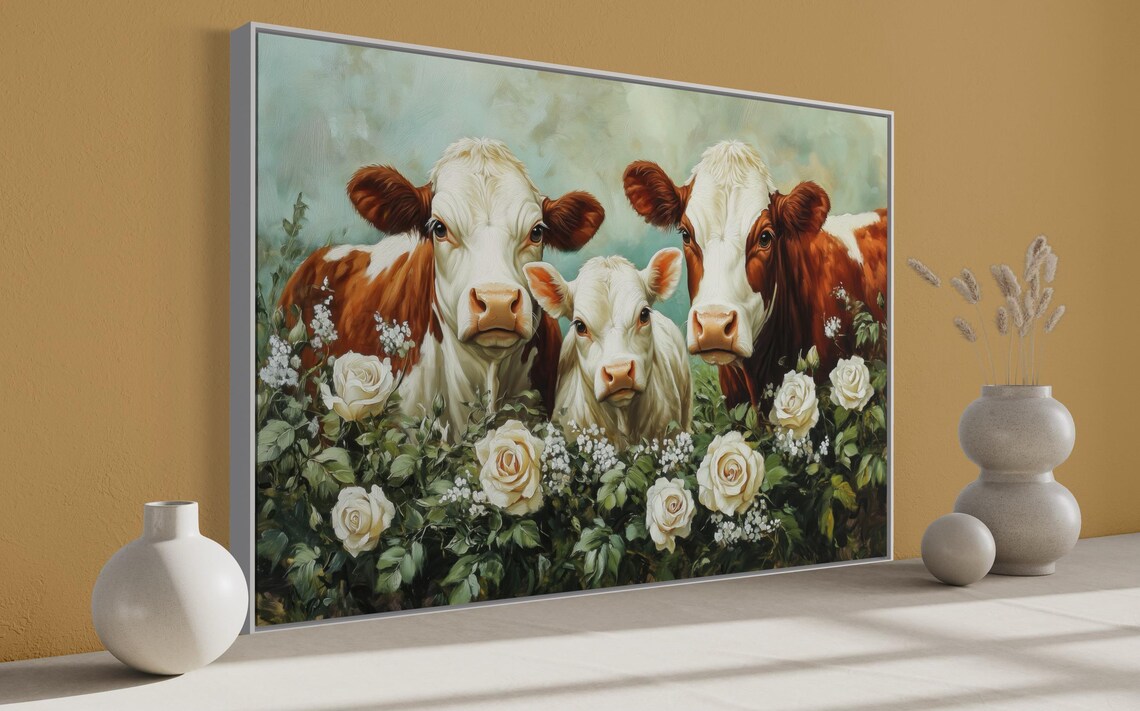 Cow Family Portrait White Roses Whimsical Farmhouse Floral Art Poster - Image 4