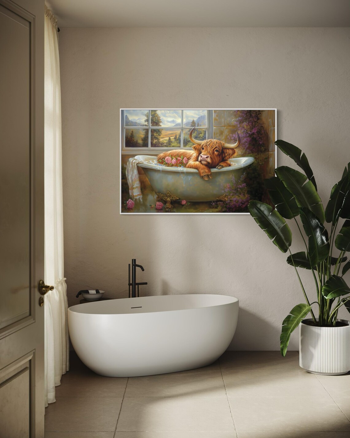 Highland Cow Relaxing In Flower Bathtub Cute Bathroom Wall Art - Image 3
