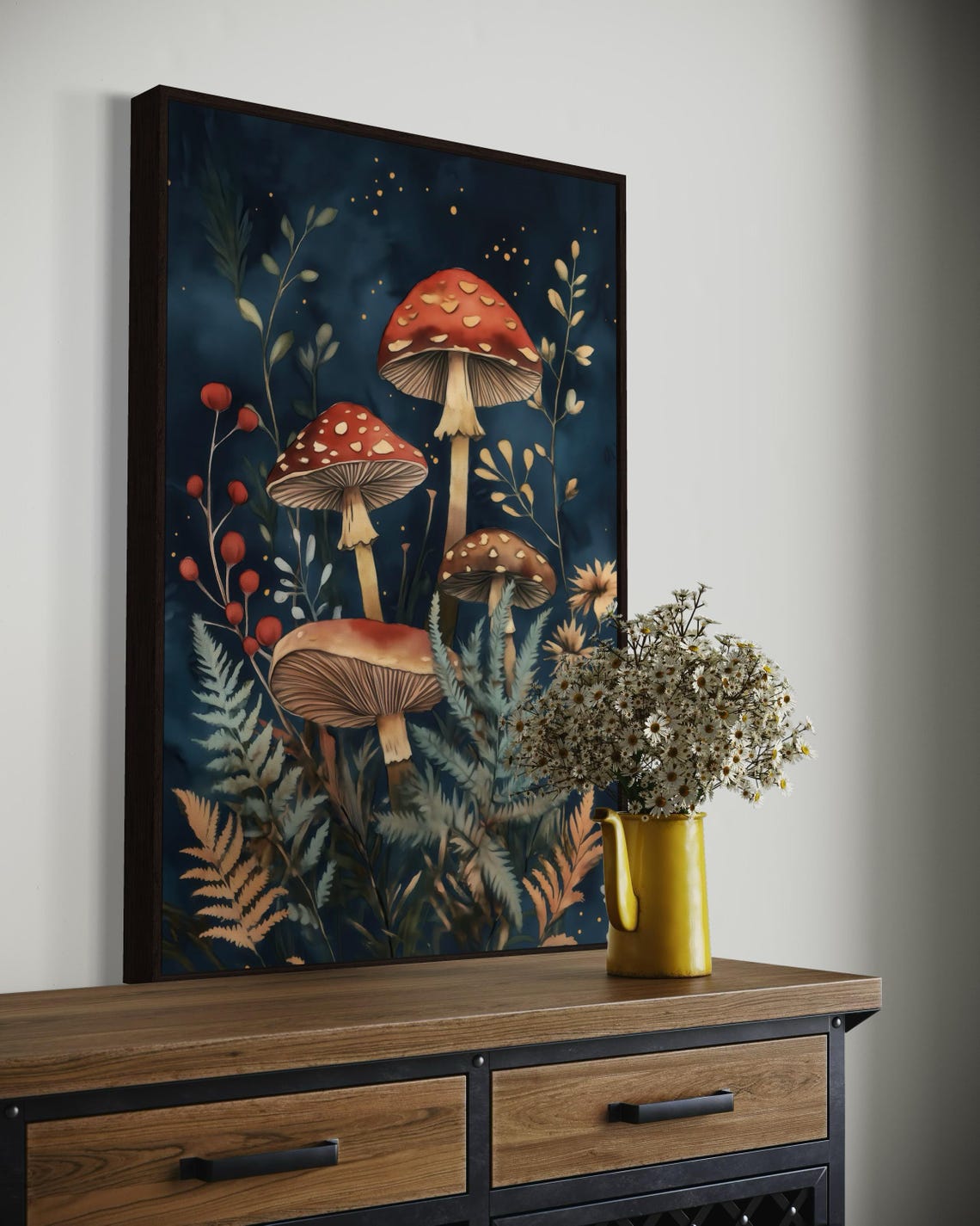 Moody Red Mushroom In Forest Art Enchanted Forest Print With Deep Blue Background Perfect For Atmospheric Autumnal Home Decor - Image 4