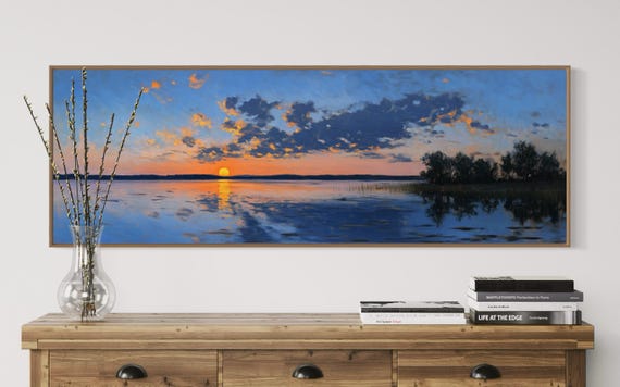 Serene Lake Sunrise Wall Art Peaceful Nature Inspired Calming Reflection Print Warm Tone Home Decor For Living Room