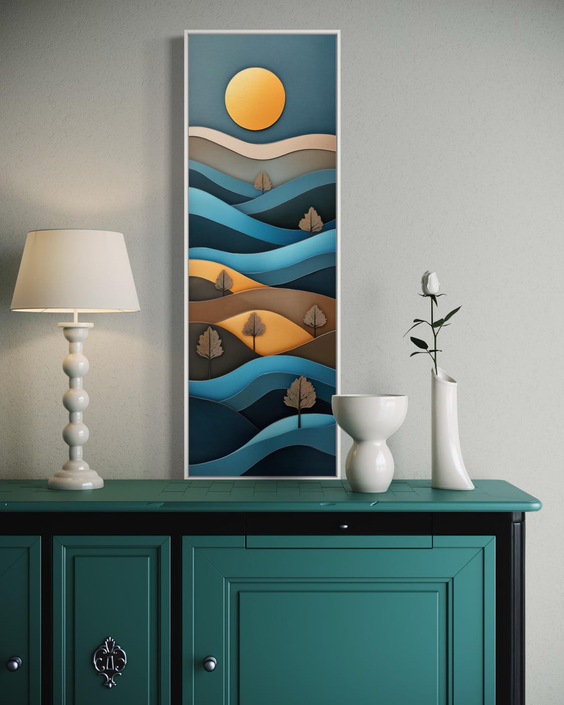 Layered Style Landscape Art Moody Tall Vertical Print With Golden Sun And Blue Tones Perfect For Rustic House Decor - Image 5