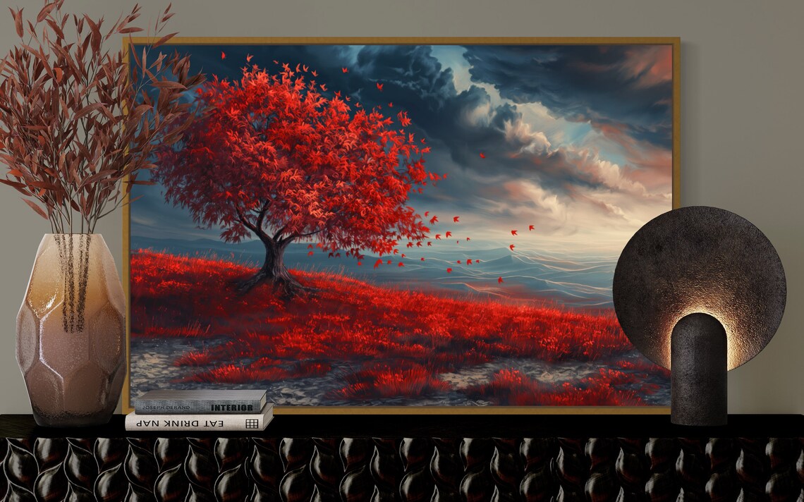 Dramatic Red Tree Dramatic Sky And Surreal Panoramic Landscape Print Beautiful Wall Art For Accent And Coquette Room Decor