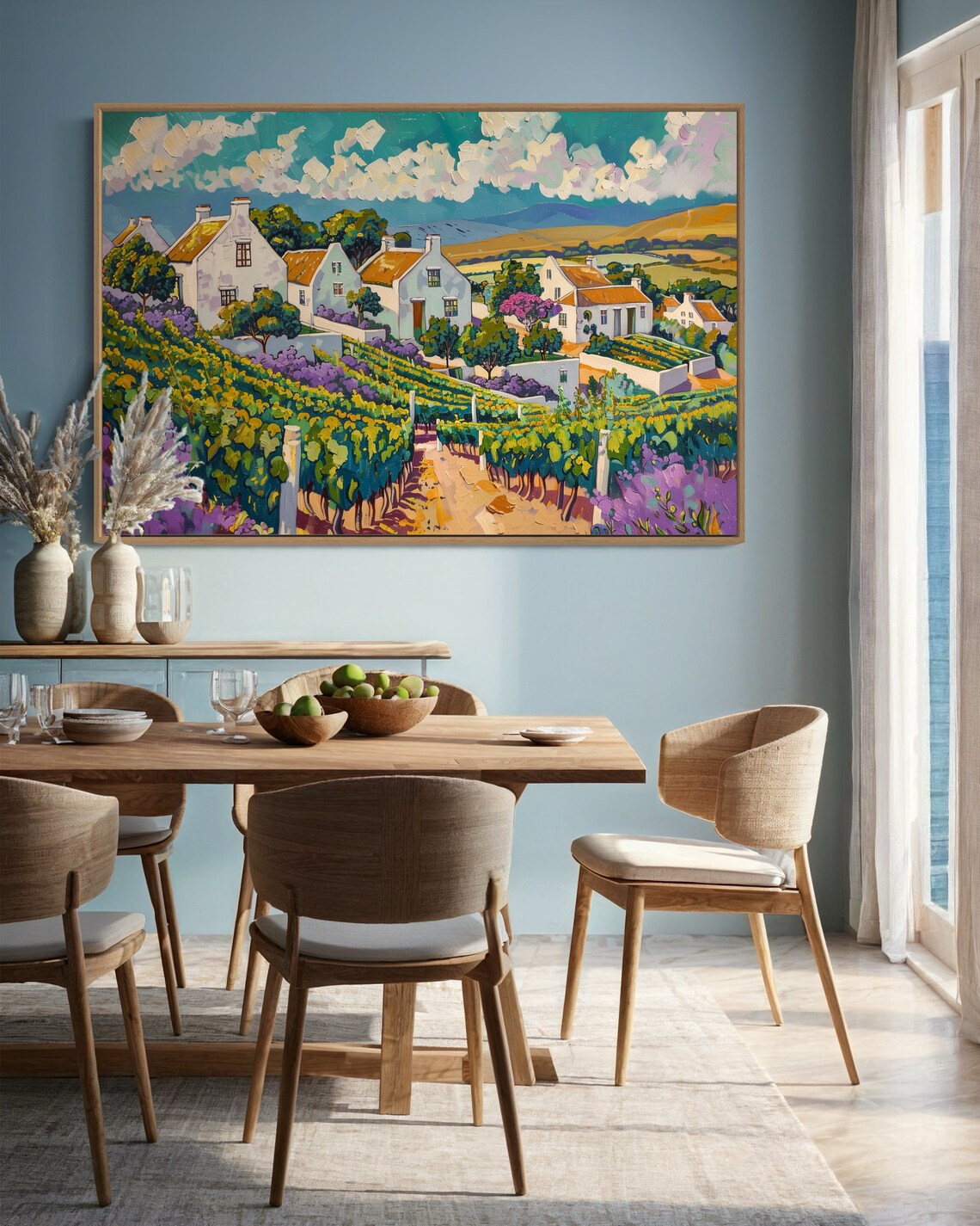 Sunny Vineyard Village White Houses Rolling Hills Colorful Landscape Poster - Image 2