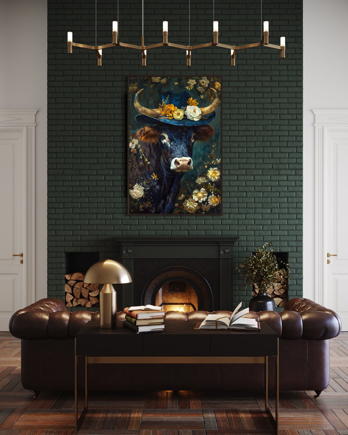Victorian Longhorn Bull Blue Hat Dark Floral Animal Art Poster - Image 5