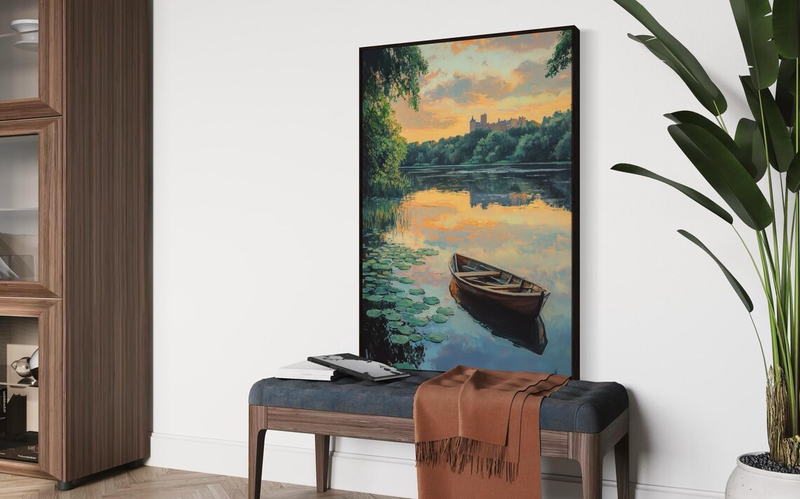 Sunset Boat Lakeside Art Print, Cottagecore Decor - Image 3