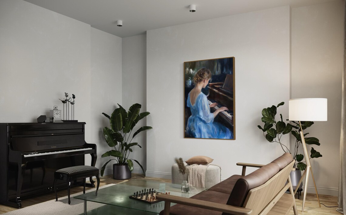 Elegant Woman Playing Grand Piano Flowing Blue Dress Music Poster - Image 2