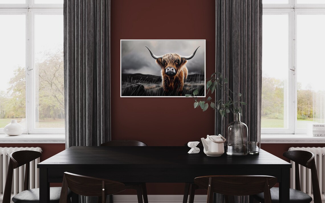Highland Cow Portrait Stormy Gray Sky Autumn Berries Rustic Poster - Image 2