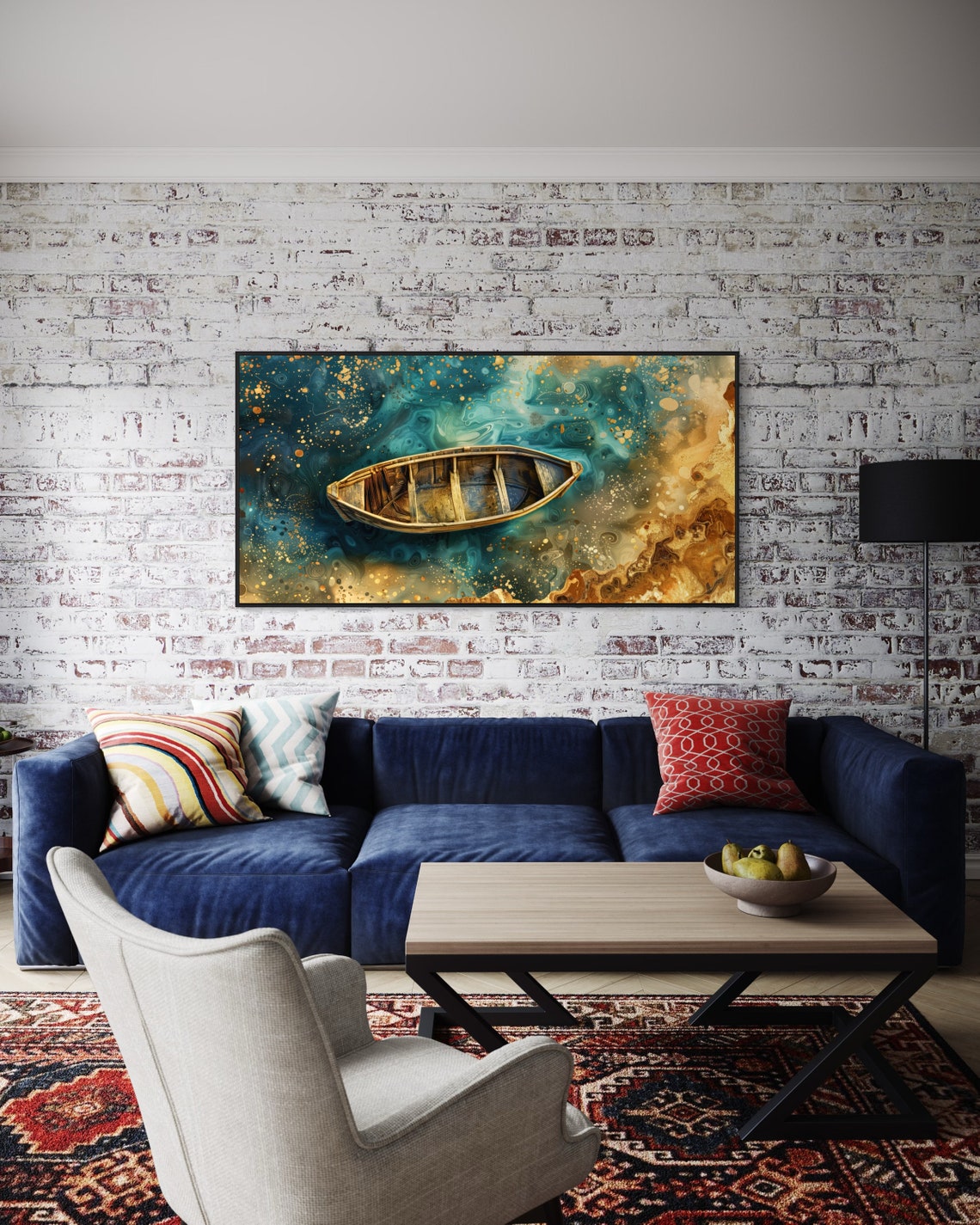 Wooden Rowboat Turquoise Gold Abstract Sea Rustic Coastal Wall Art - Image 3