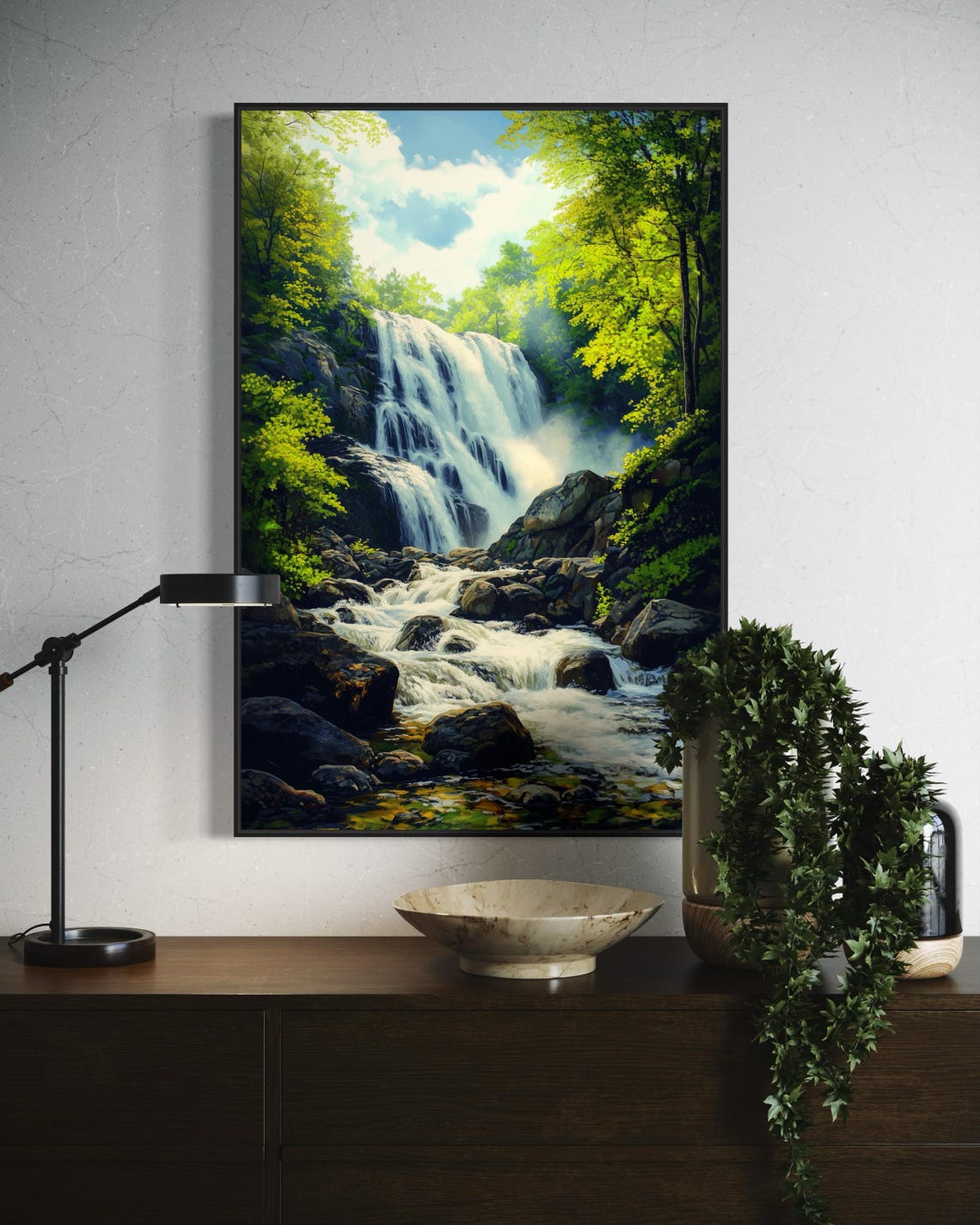 Cascading Waterfall Lush Green Forest Rocks Zen Vertical Poster - Image 2