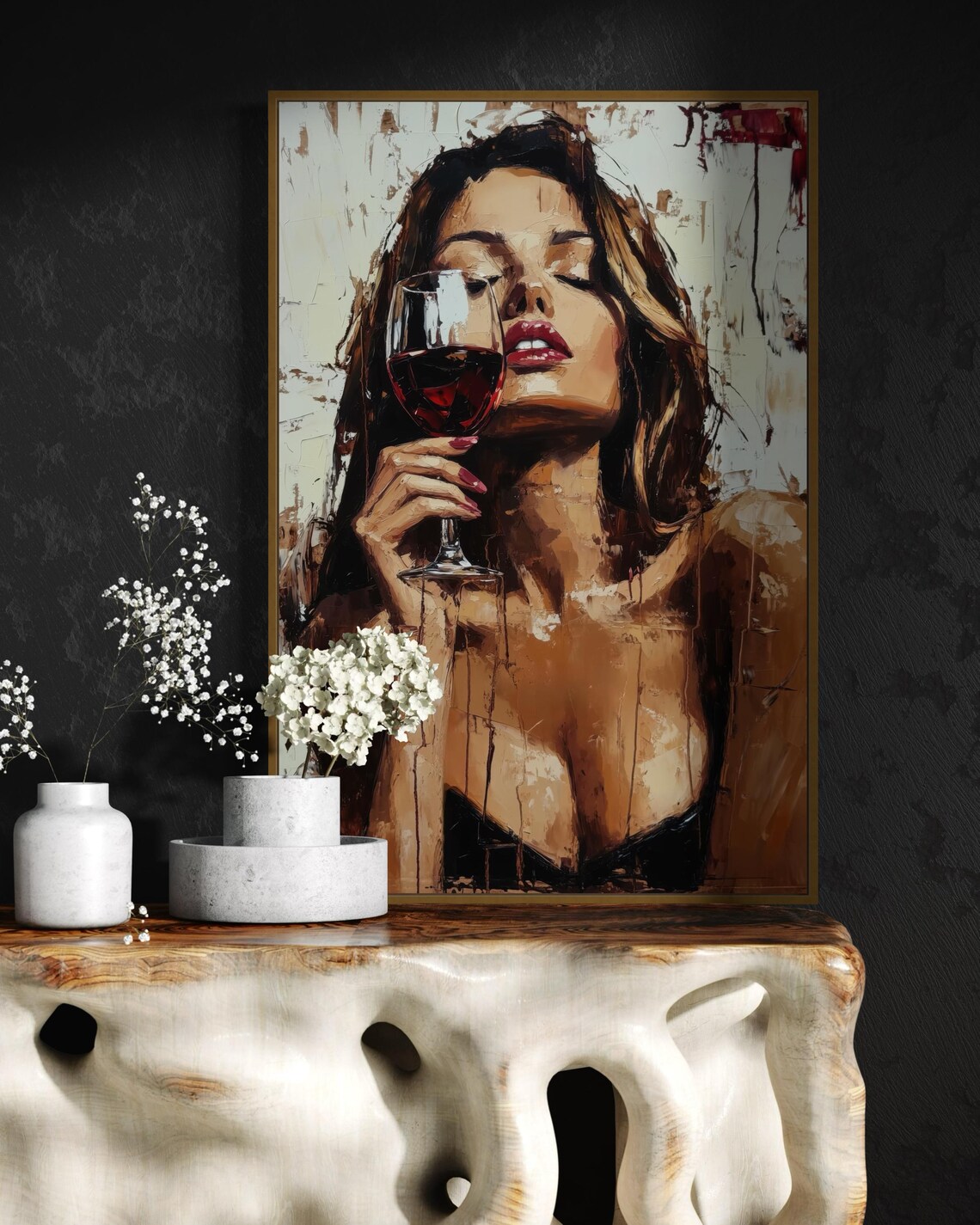 Glamorous Woman Savoring Red Wine Bold Brushstroke Modern Bar Wall Poster - Image 4