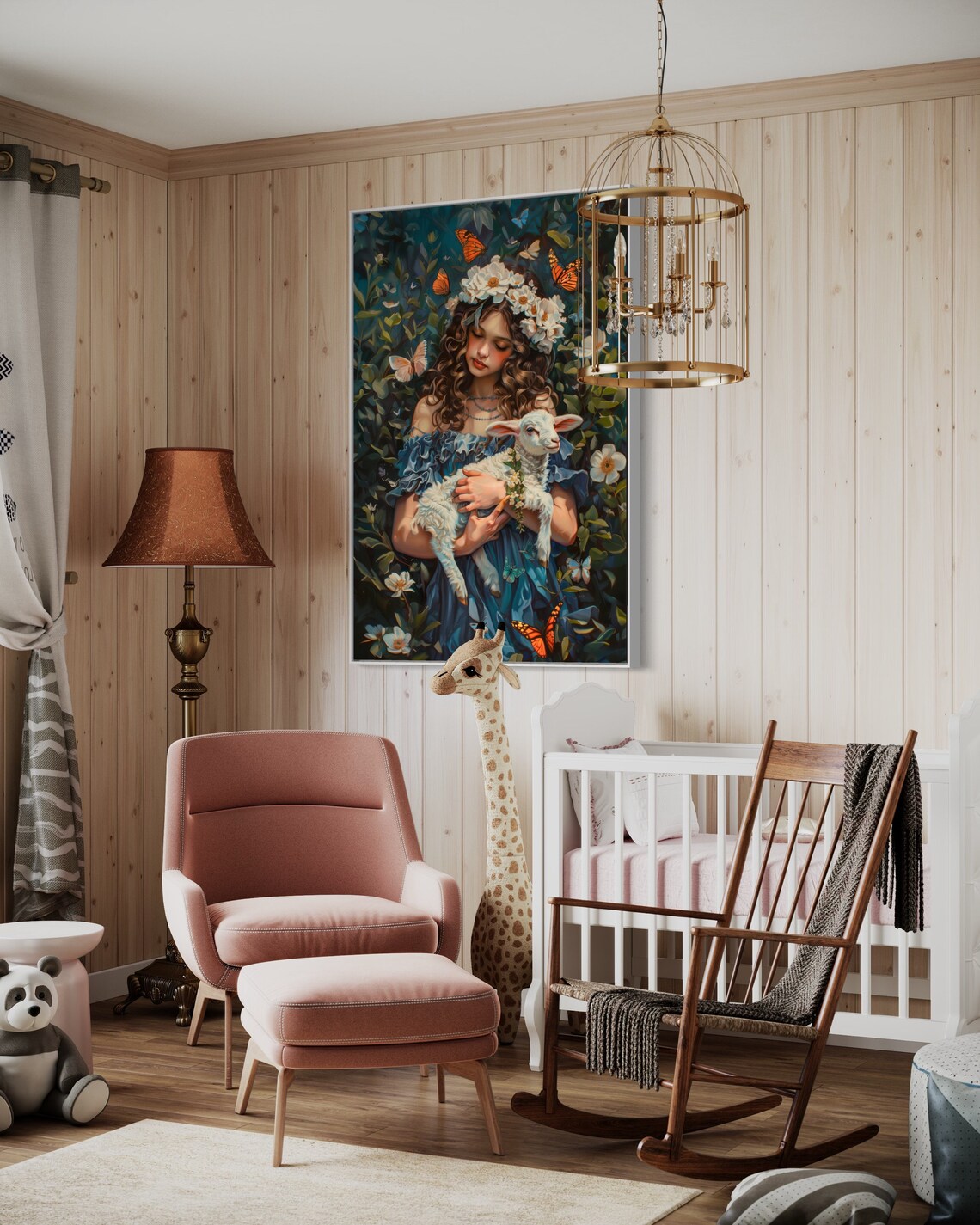 Girl Portrait Print With Lamb Blooming Garden Butterfly Poster For Teen Girl Room Decor - Image 4