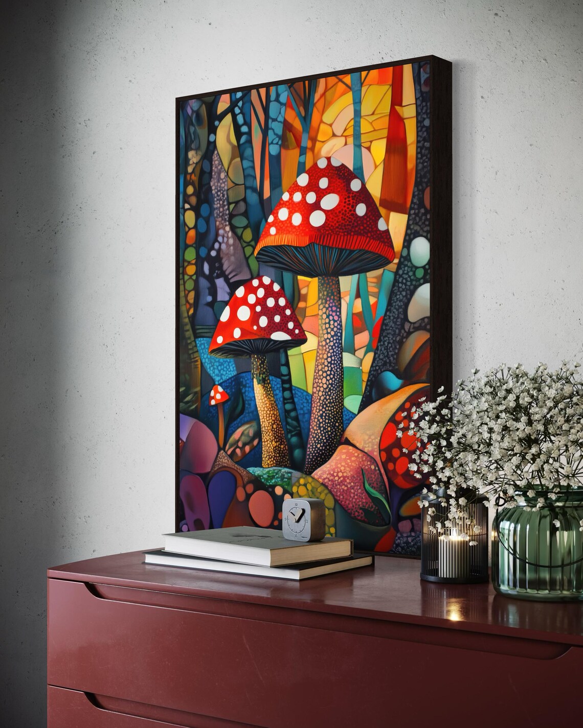 Red Mushroom Enchanted Forest Colorful Mosaic Magical Nature Wall Art - Image 3