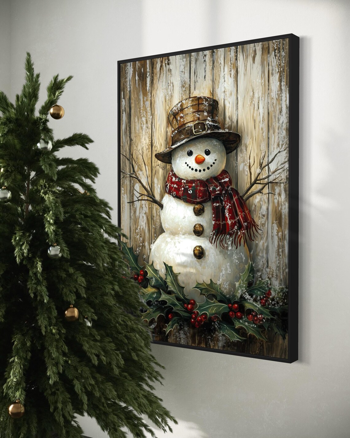 Rustic Snowman Plaid Hat Holly Vintage Christmas Farmhouse Wall Art - Image 4