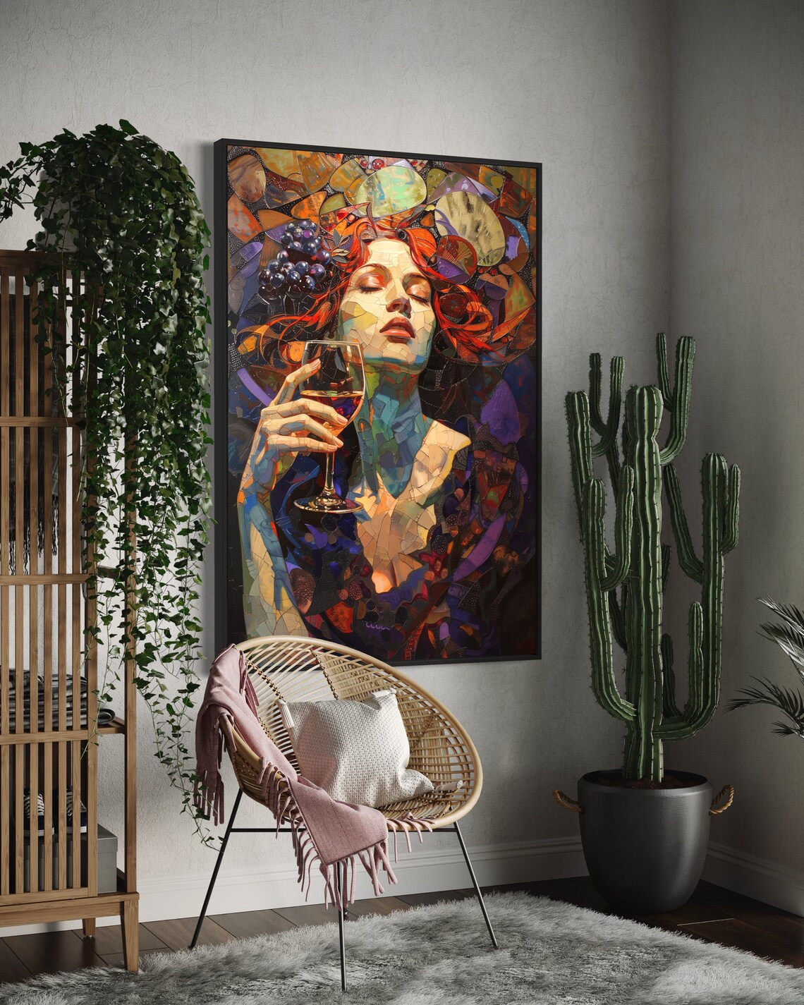 Mosaic Woman Red Wine Glass Vineyard Style Colorful Portrait Art Poster - Image 2