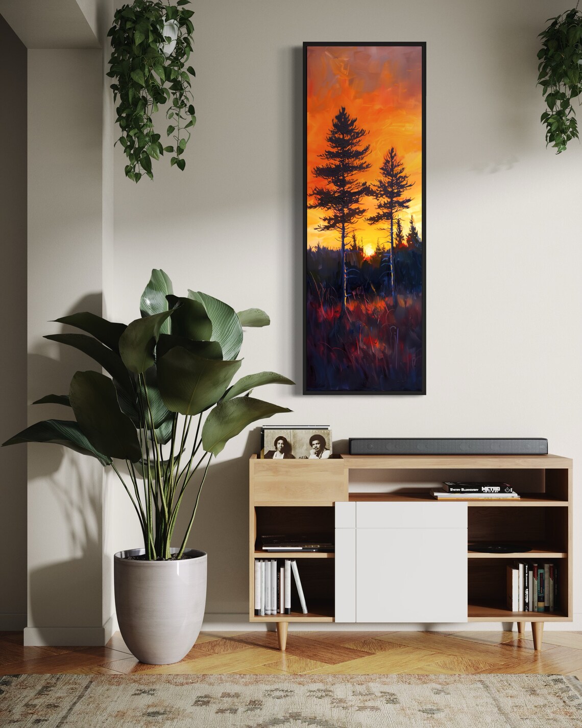 Moody Sunset In Pine Tree Forest Long Narrow Wall Art Calming And Dramatic Wilderness Print For Atmospheric Home Decore - Image 5