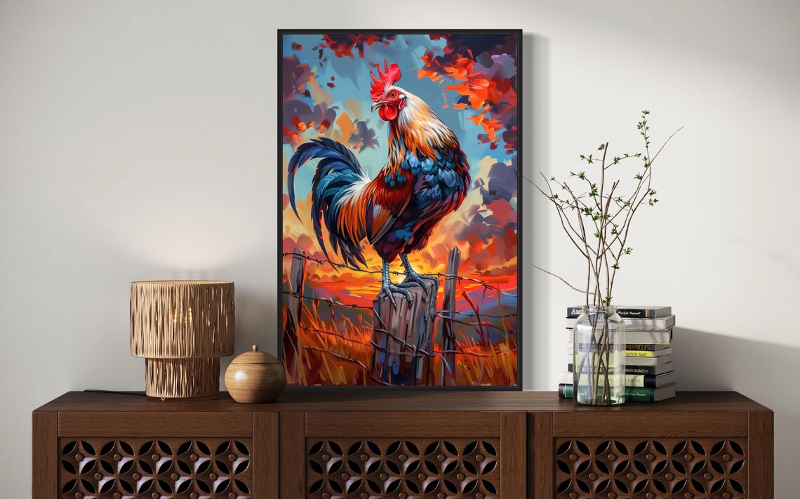 Eye Catching Rooster Painting Vibrant Rural Sunrise Animal Art Poster - Image 5