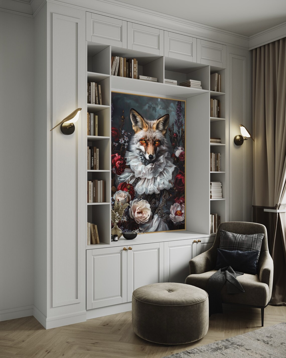 Regal Fox Ruffled Collar Dark Florals Baroque Style Portrait Wall Art - Image 4