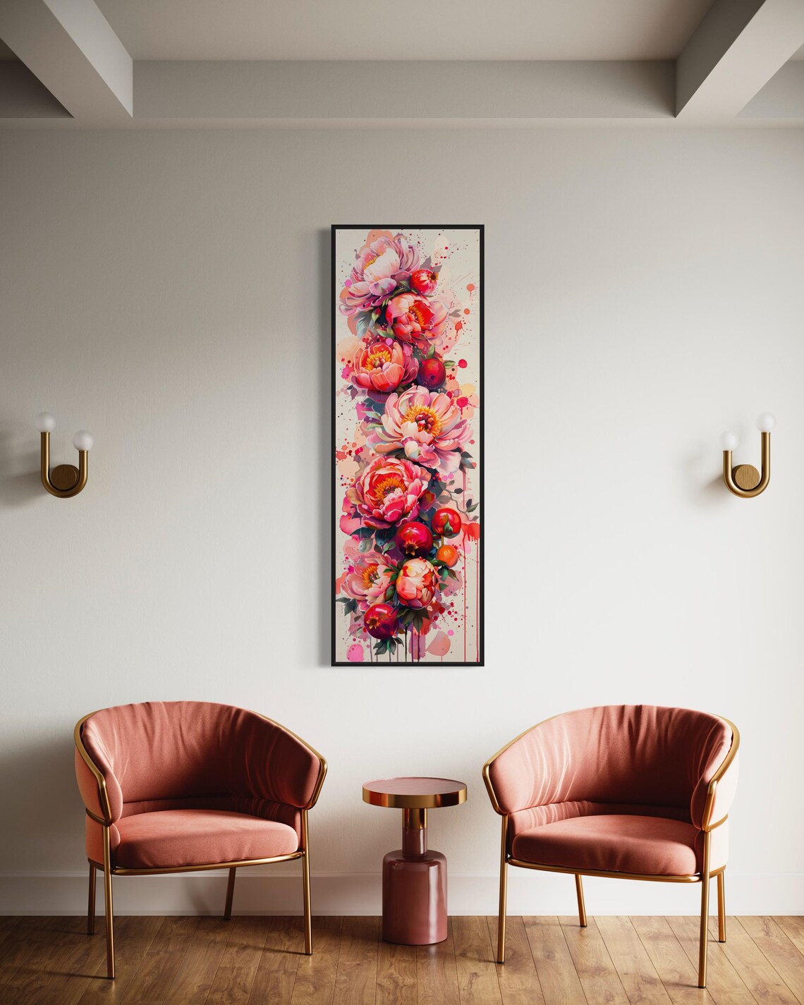 Tall Watercolor Peony Blooms Pomegranate Garden Floral Art Print - Image 3
