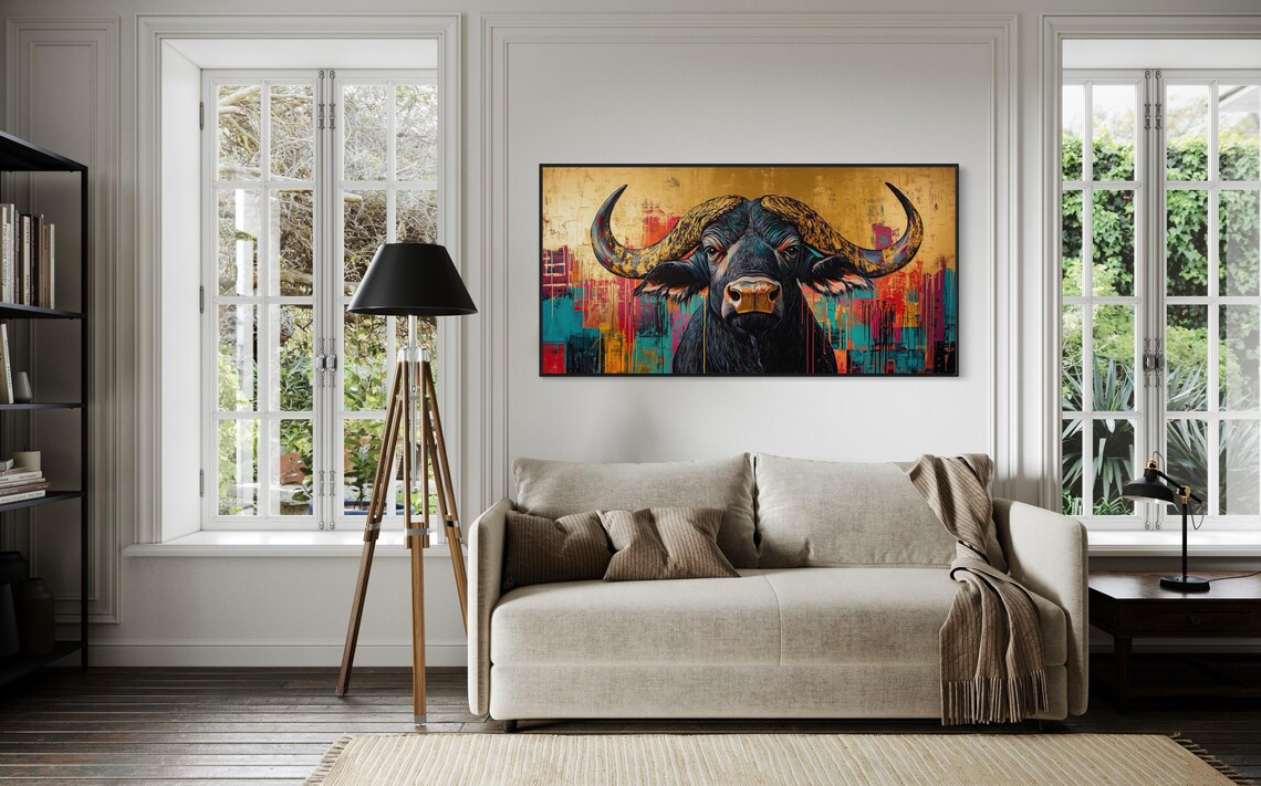 Bold African Buffalo Turquoise Gold Modern Safari Statement Wildlife Print - Image 2