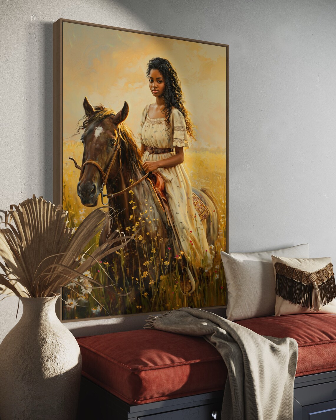 Black Woman Riding Horse in Golden Wildflower Meadow Vintage Poster - Image 4
