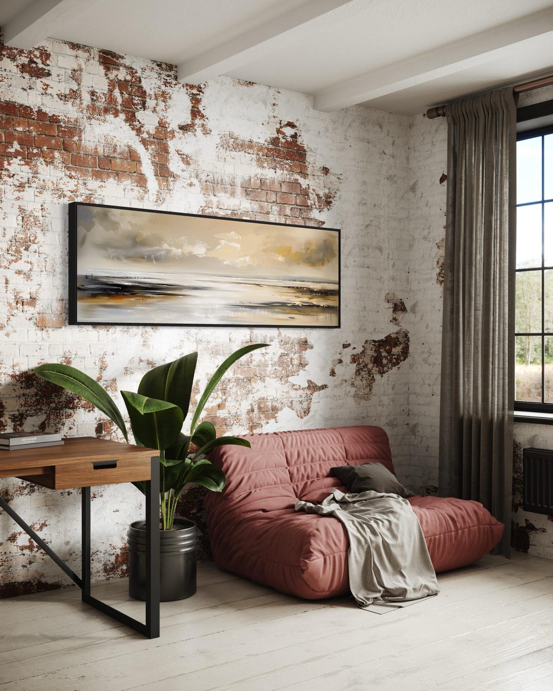 Calming Coastal Abstract Beige Grey Gold Panoramic Wall Art Print - Image 2