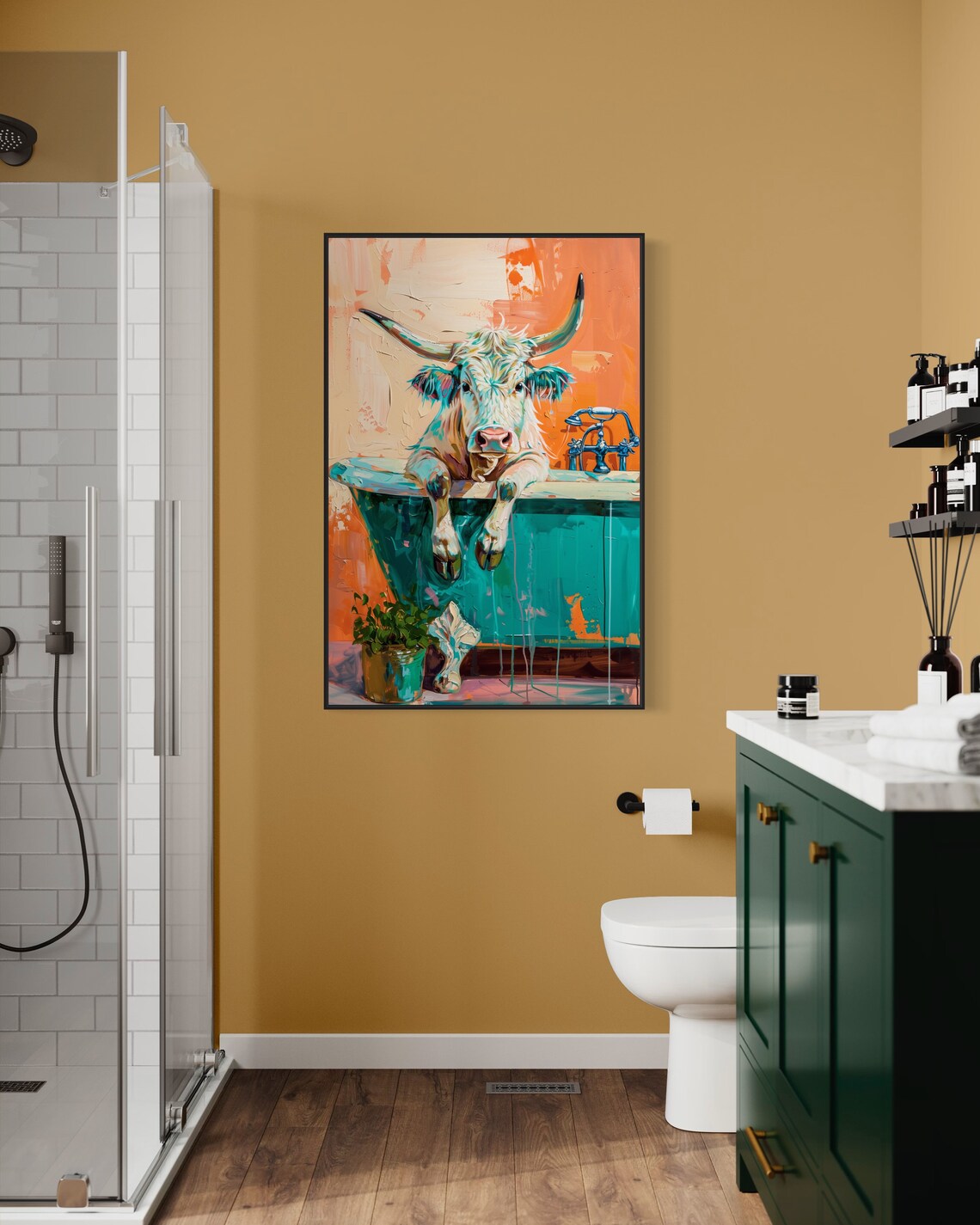 Whimsical Longhorn Cow Portrait, Bathroom Art Print - Image 2