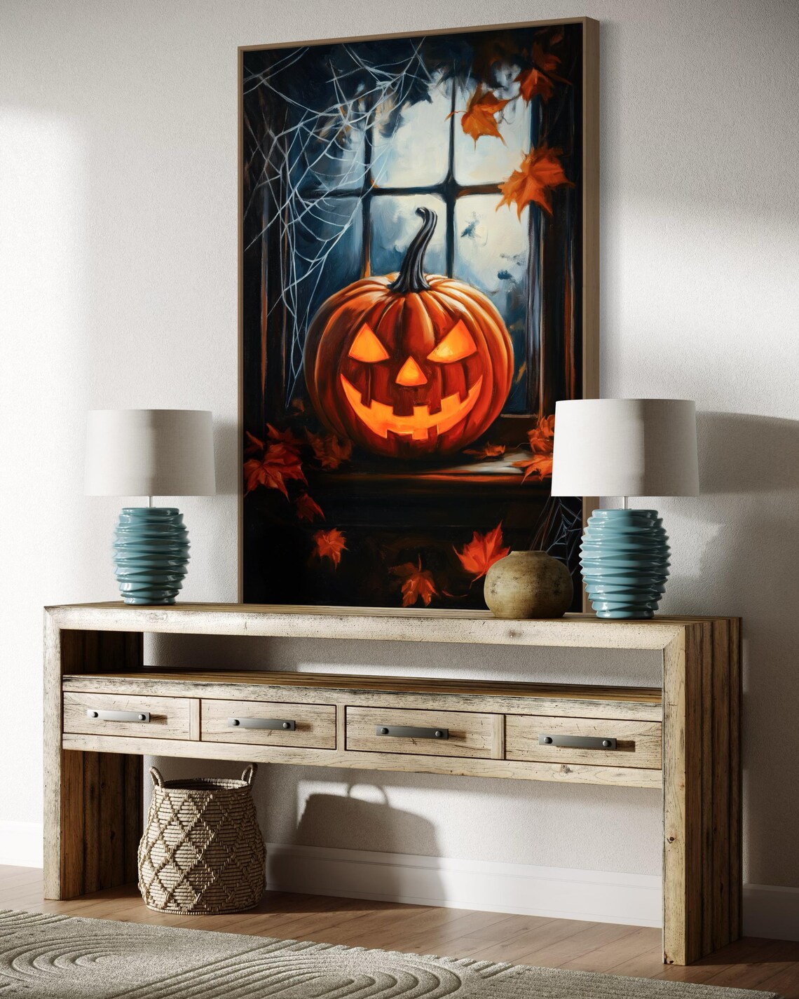 Spooky Jack O Lantern Window Cobwebs Autumn Leaves Halloween Art Print - Image 3