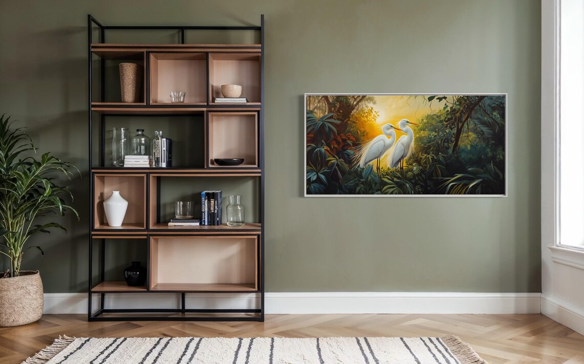 Tropical Egret Art Print, Jungle Wildlife Sunset - Image 3