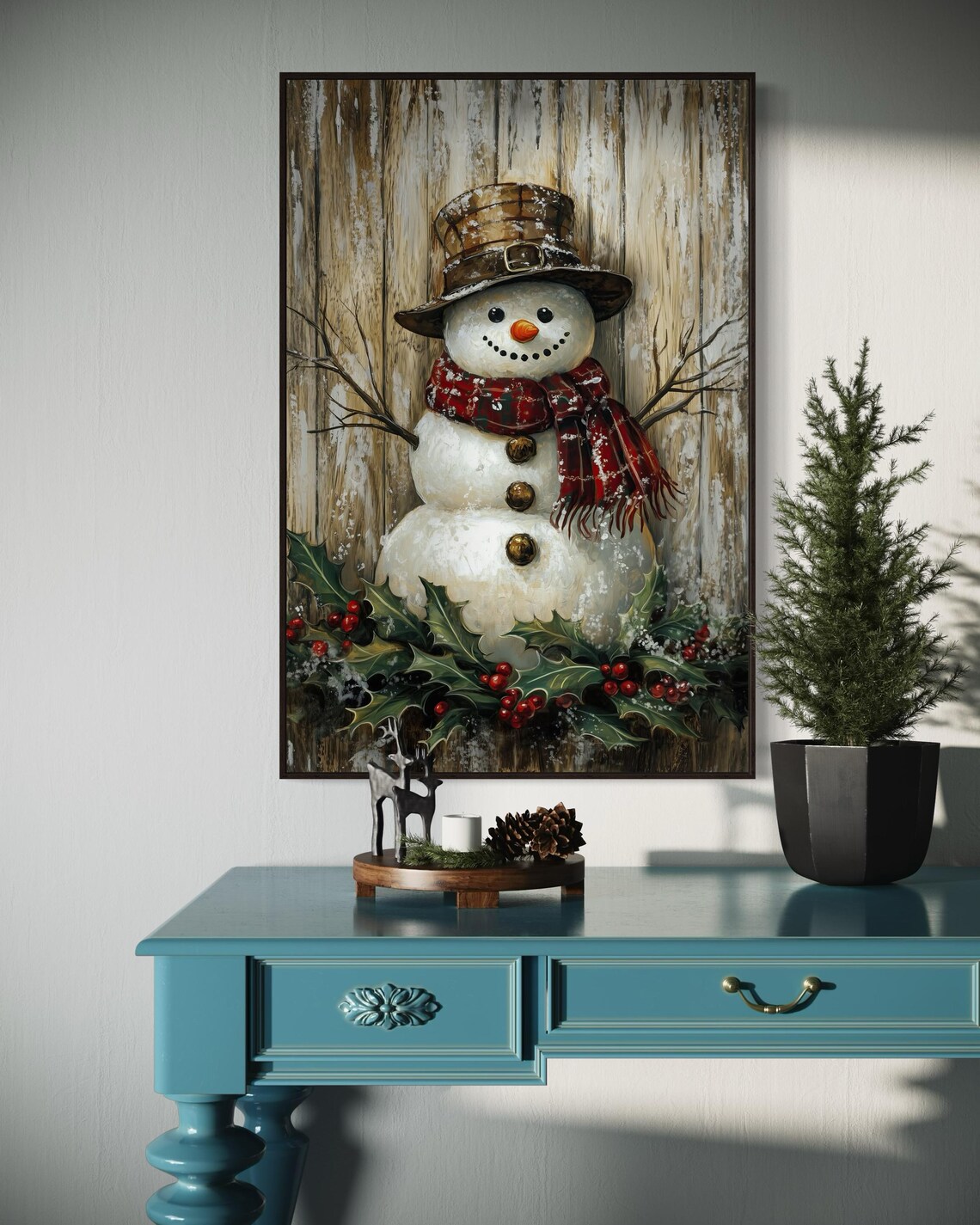 Rustic Snowman Plaid Hat Holly Vintage Christmas Farmhouse Wall Art - Image 3