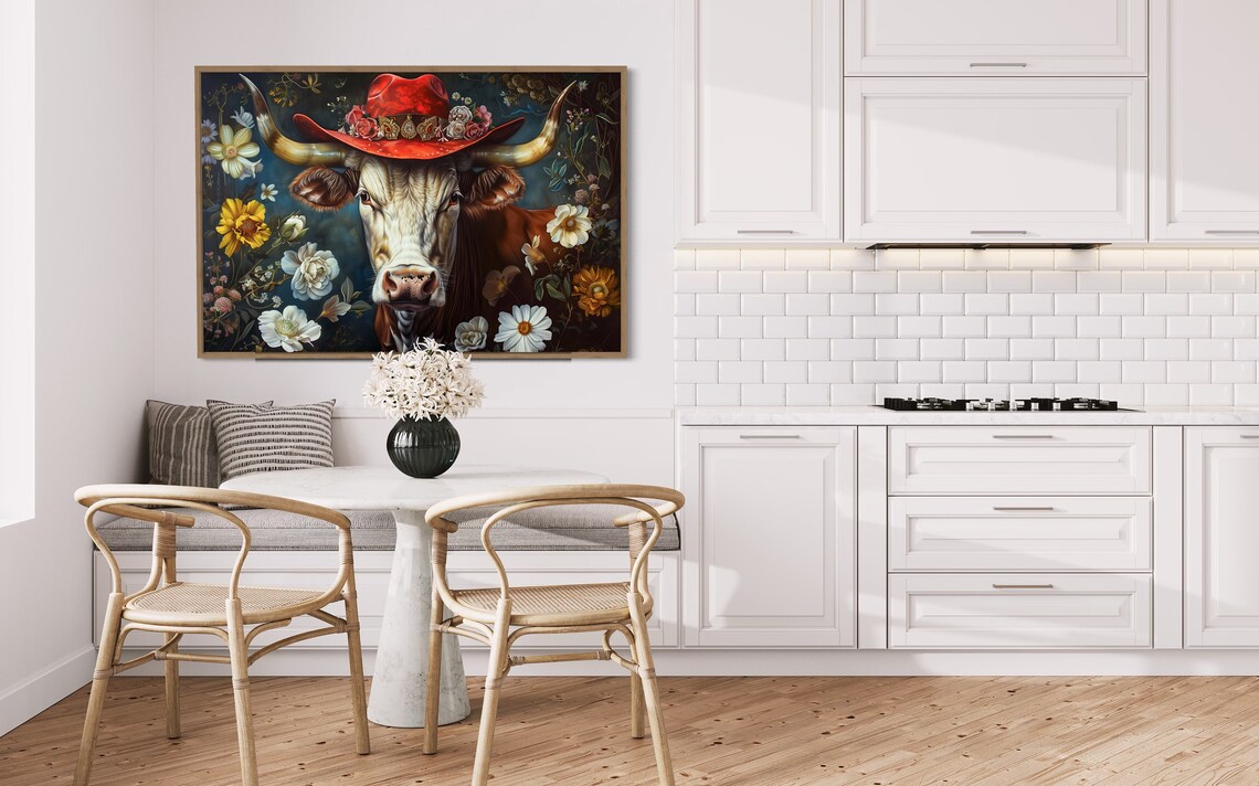Whimsical Longhorn Cow Red Cowboy Hat Florals Rustic Western Poster - Image 2