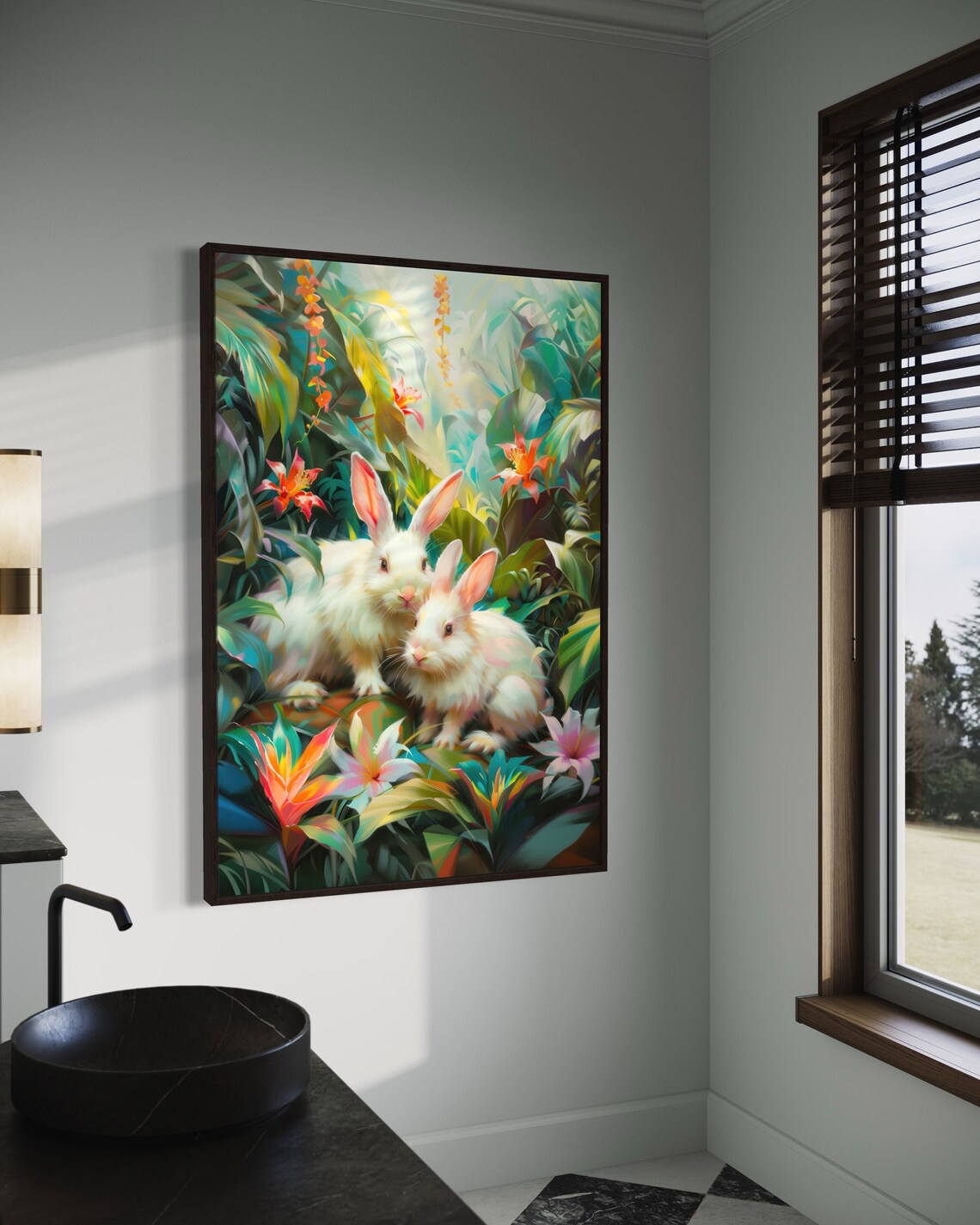 White Rabbits Tropical Garden Floral Whimsical Wildlife Wall Art - Image 2