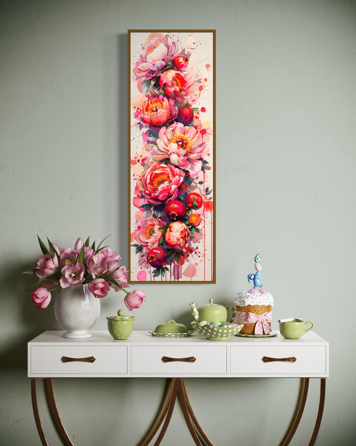 Tall Watercolor Peony Blooms Pomegranate Garden Floral Art Print - Image 2