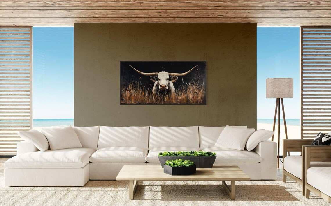 Majestic White Longhorn Dark Background Golden Grass Western Wall Art - Image 2