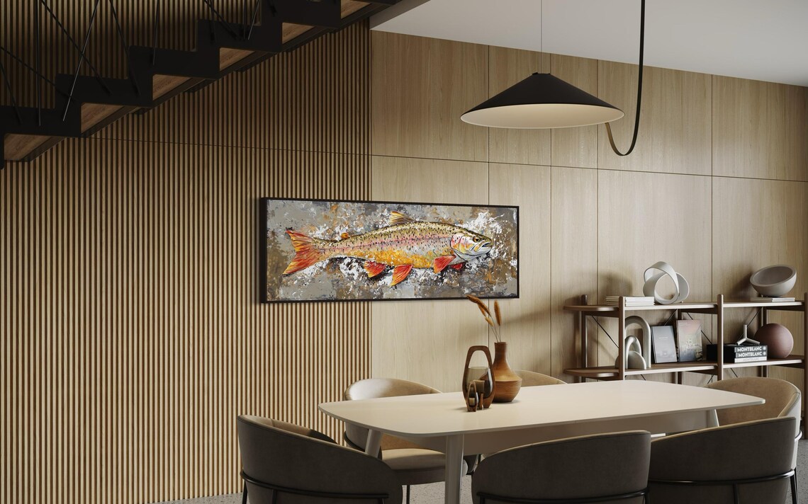 Golden Rainbow Trout Fish Painting Rustic Fishing Lodge Wildlife Wall Poster - Image 5