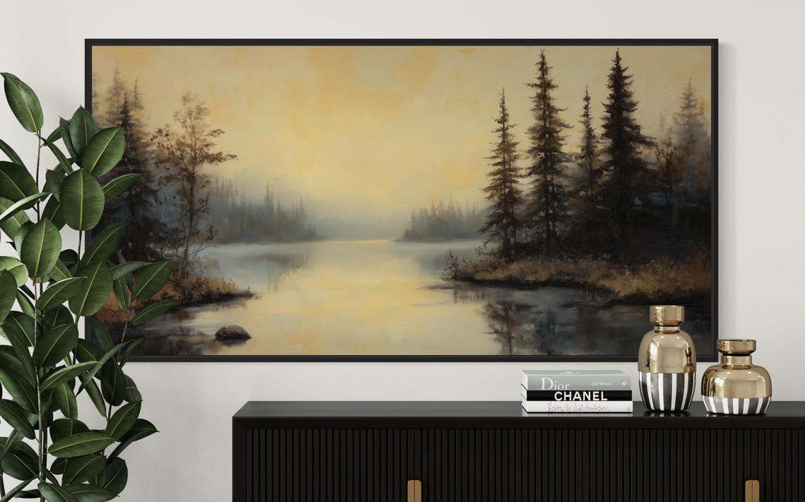 Misty Pine Forest Calm Lake Reflection Golden Morning Poster