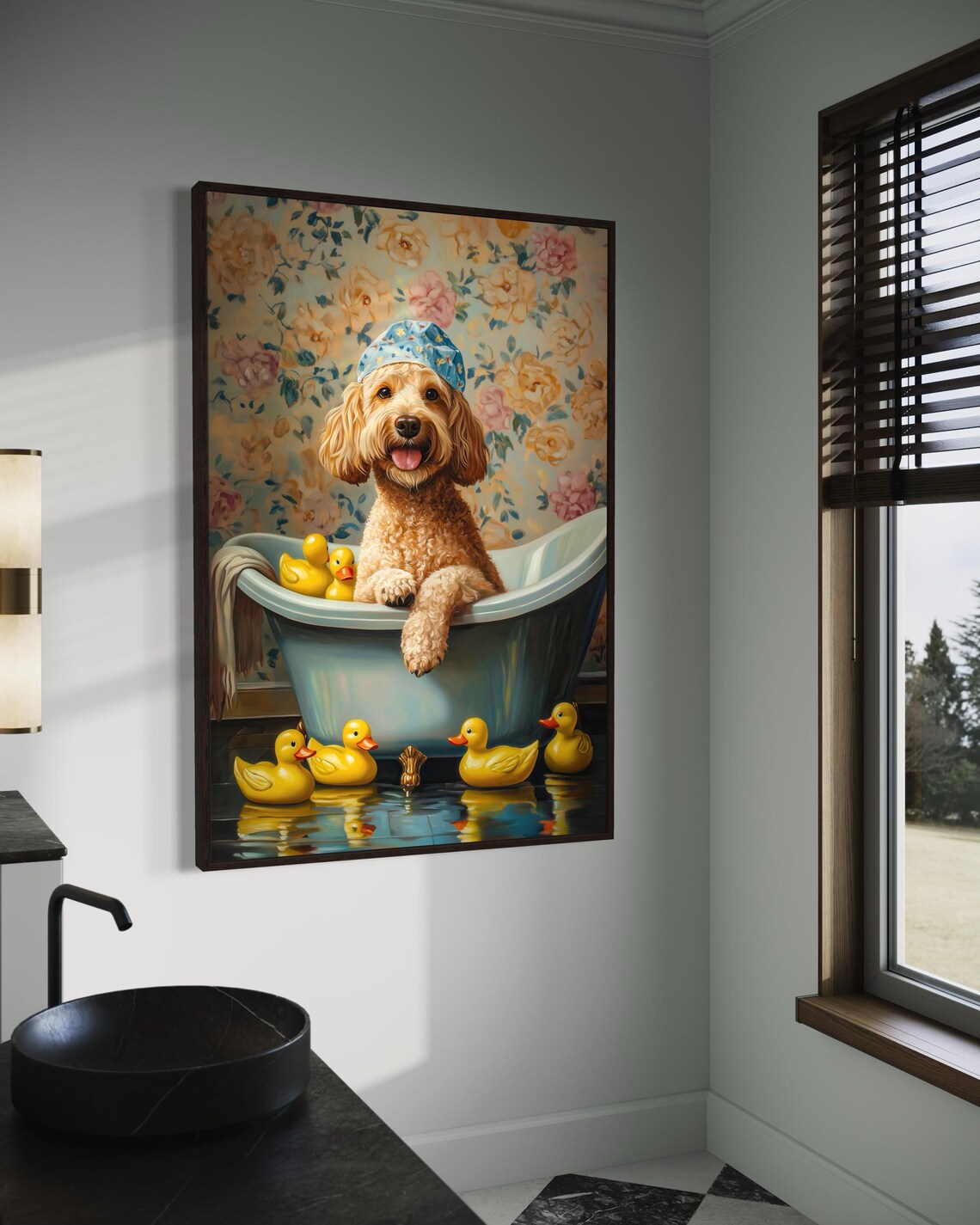 Cute Curly Dog Bathtub Rubber Ducks Funny Whimsical Bathroom Poster - Image 3