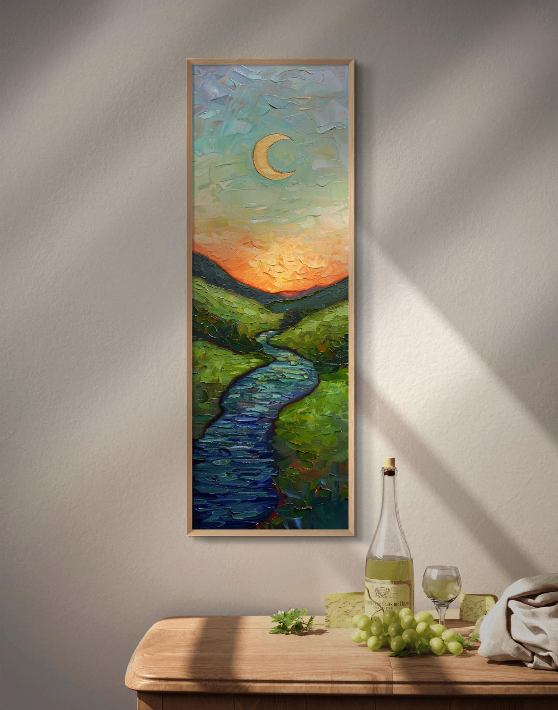 Dreamlike Moonlit River Tall Vertical Wall Art For Relaxing Narrow Wall Art Atmospheric Crescent Moon Night Landscape Print - Image 3