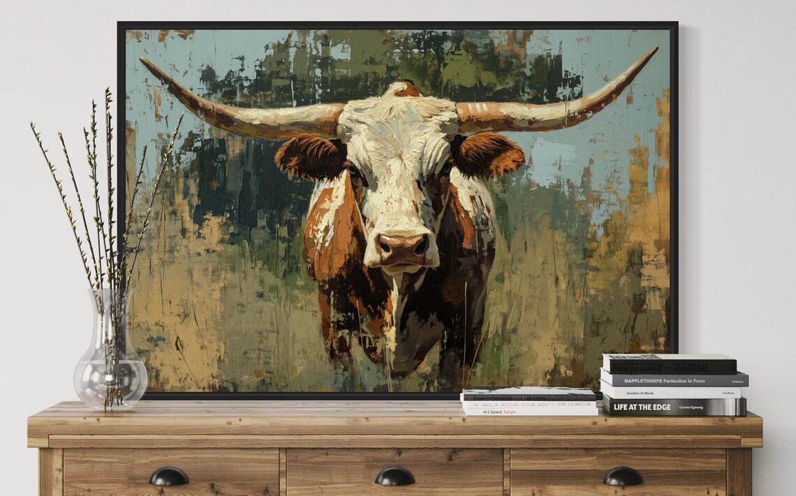 Rustic Texas Longhorn Cow Western Ranch Farmhouse Wildlife Wall Art - Image 5